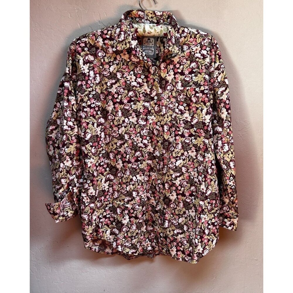 Vintage Pres de Chamonix Womens Cotton Button Up Floral Shirt Medium Long Sleeve